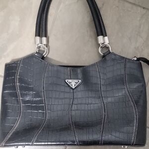 Faux Prada Black Leather Snakeskin Tote Bag Handbag